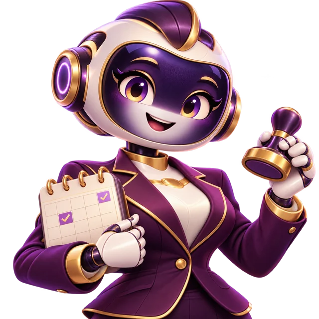 Arden, a robot executive with a calendar and approval stamp
