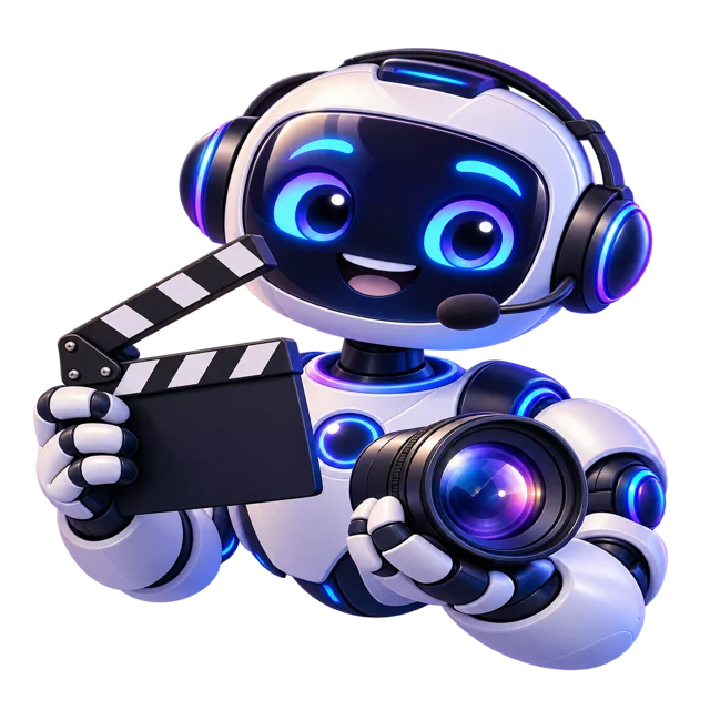 Rio, a robot video producer with a camera and clapperboard